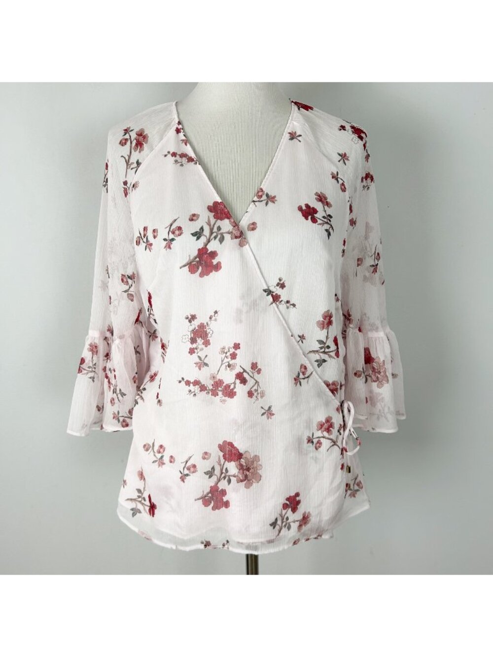 Lauren Ralph Lauren Pink Floral Faux Wrap Top Bell Sleeve Boho Size Large Women'